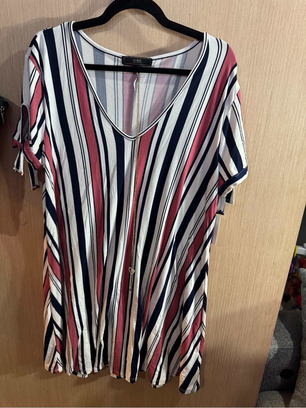 Vibe Vertical Stripe V-Neck Short Sleeve Dress in Wine, Navy & White Size 1X